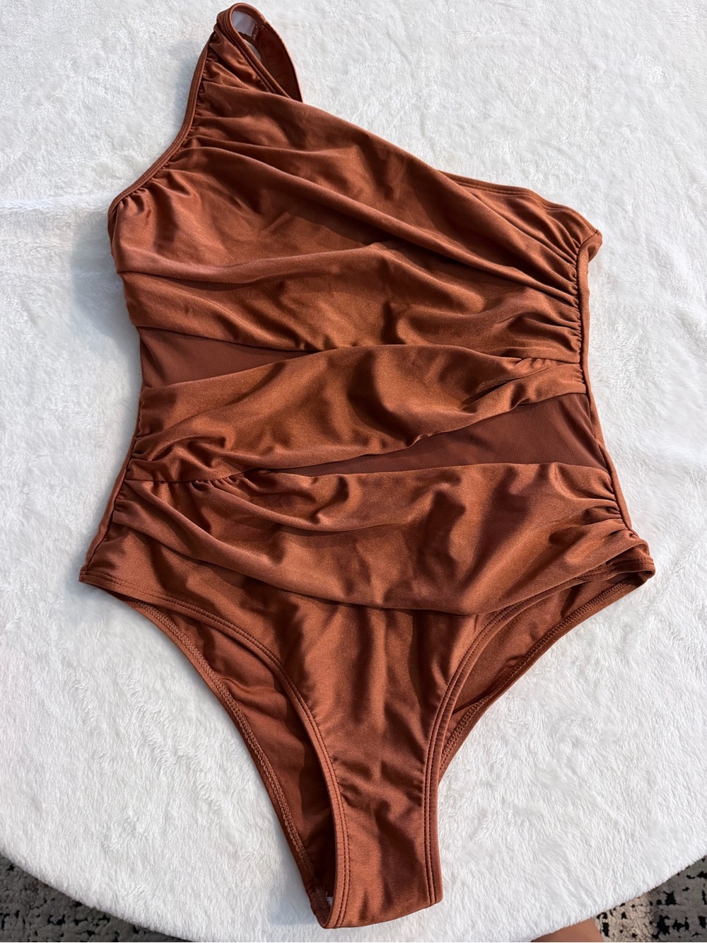 SHEIN One-Shoulder Ruched One-Piece Swimsuit in Rust Brown
